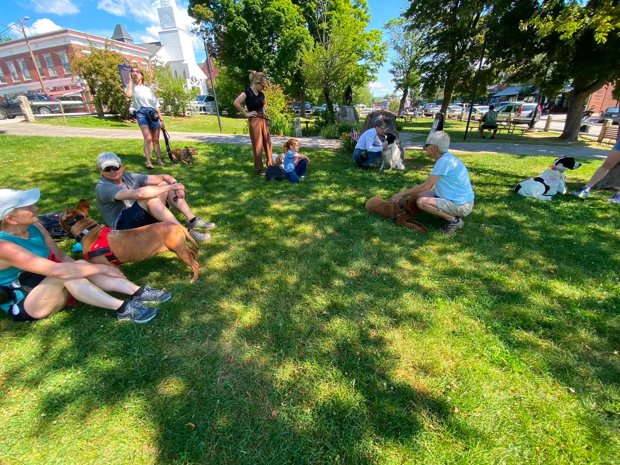 Dogs and owners gathered on the village green with a church steeple behind